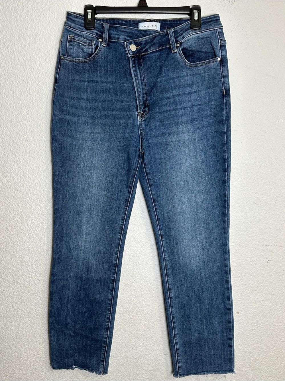 Risen Jeans High Rise Crossover Jeans Straight Leg Raw Hem Stretchy Denim 1X